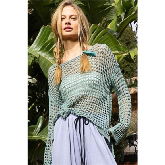 POL Side Slit Openwork Long Sleeve Knit Cover‎ Up - Picture 2 of 3